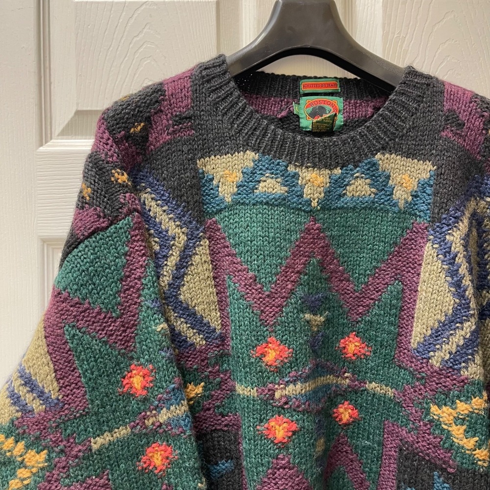Vintage Boston Traders Men's Large Wool Hand Knit Chunky Sweater 90's Maximalist